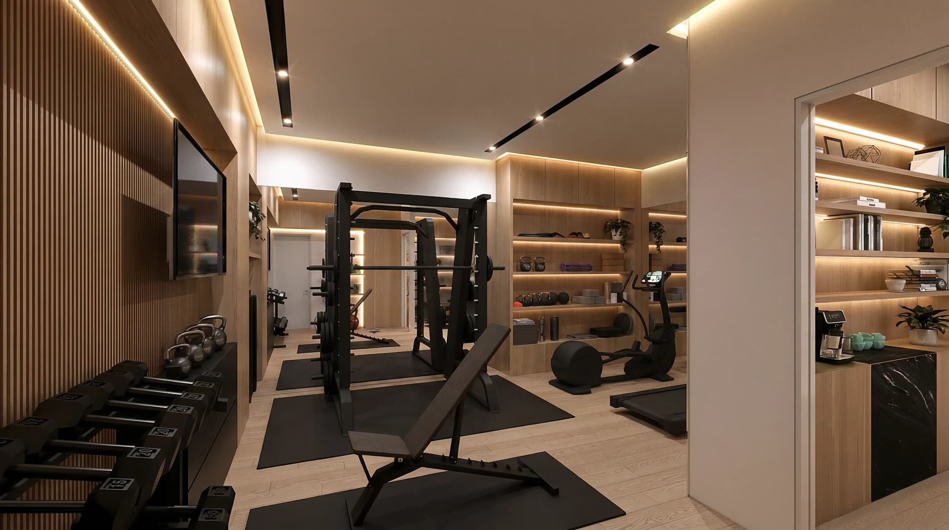 Newark, CA garage renovation rendering — home gym with Smith machine, weight rack, mirrors, and acoustic oak slat wall paneling, designed by YCD Studio