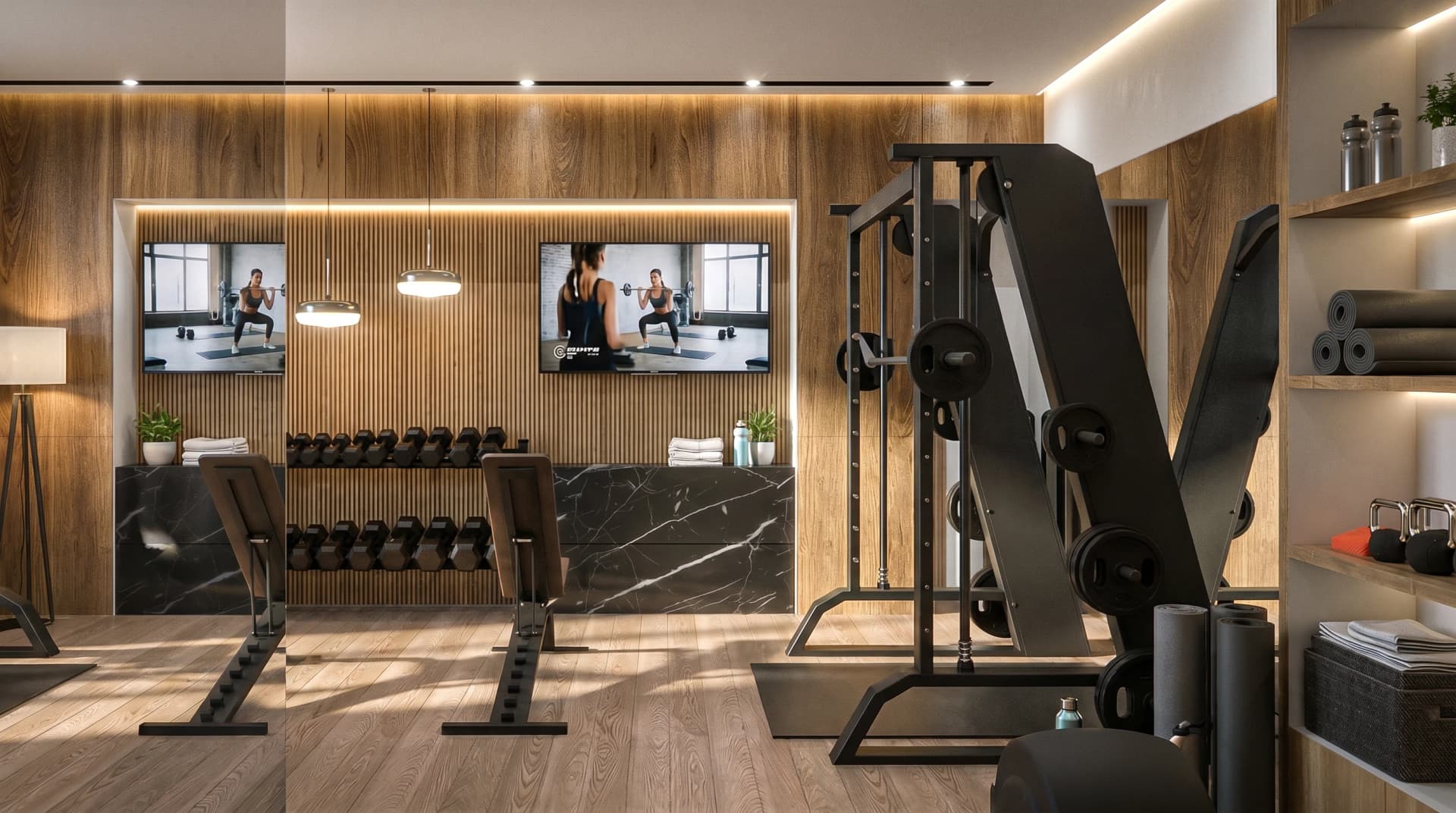 Garage conversion floor plan — home gym layout with Smith machine, treadmill, elliptical, weight rack, and separate office room, Newark, CA design by YCD Studio