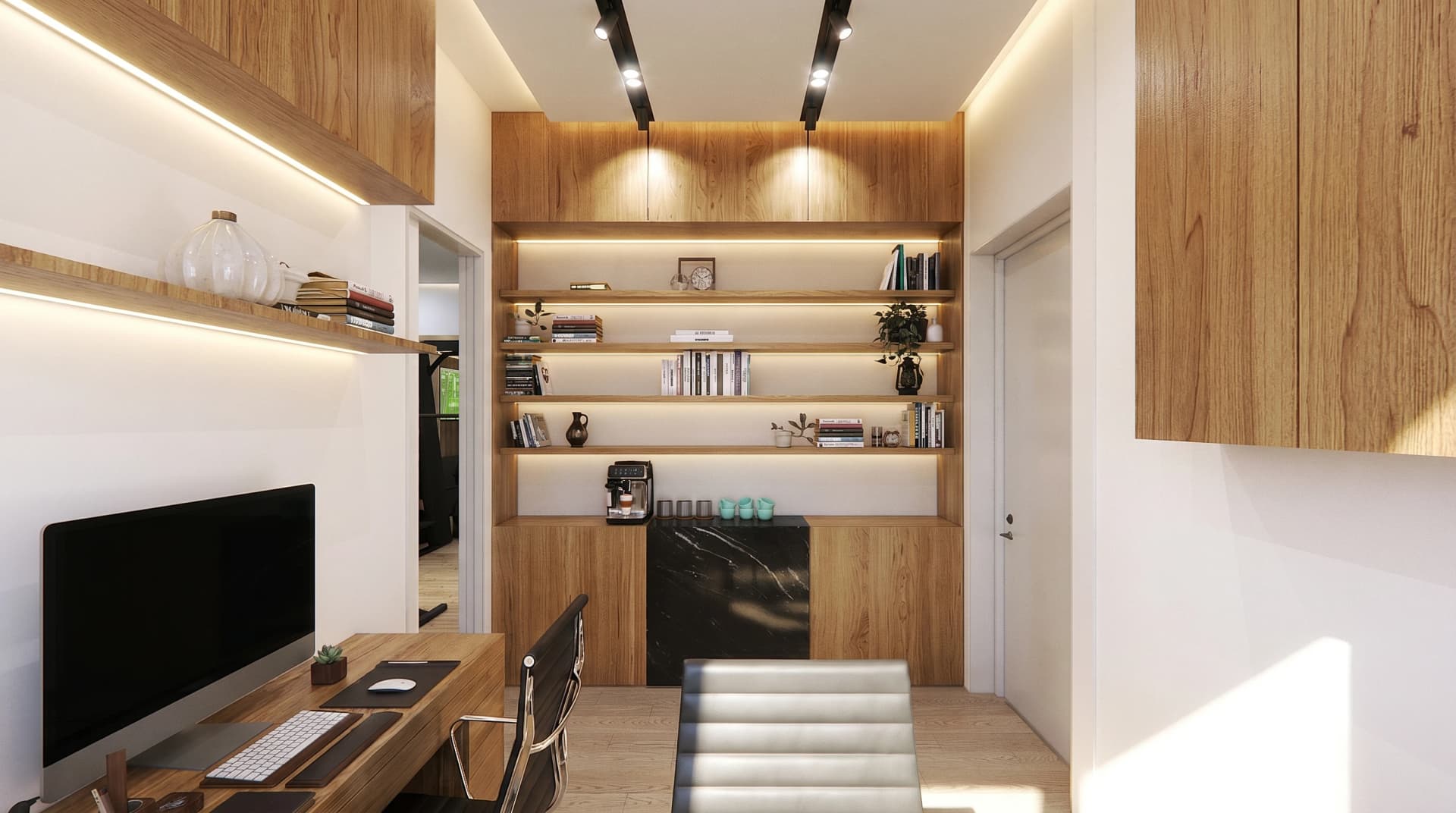 Outline specifications page from Newark garage conversion design — material samples for oak vinyl plank flooring, acoustic slat oak wood panel walls, oak cabinets, black marble porcelain accent, and lighting fixtures, designed by YCD Studio