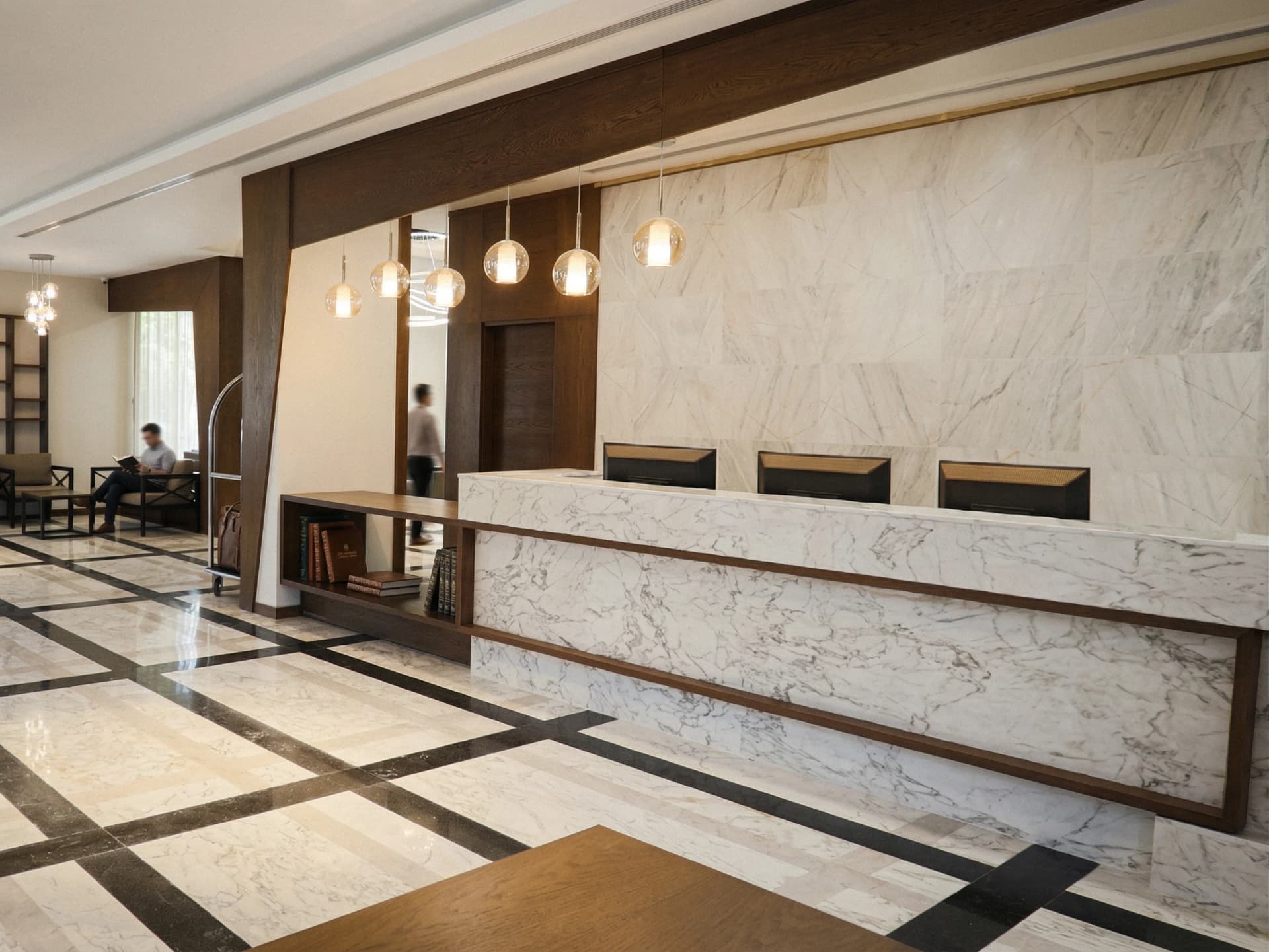 Fatsa Ilica Hotel — marble lobby with globe pendants