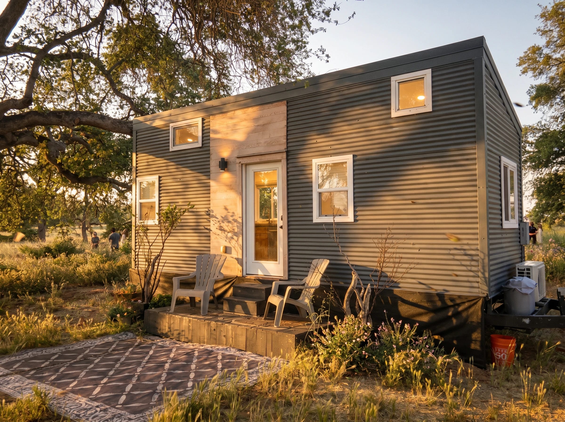 THOW tiny house on wheels — 240 sq ft compact residential design with corrugated metal siding, custom walnut joinery, and off-grid capability — designed by Seth C. Dunn, Praxis Architecture
