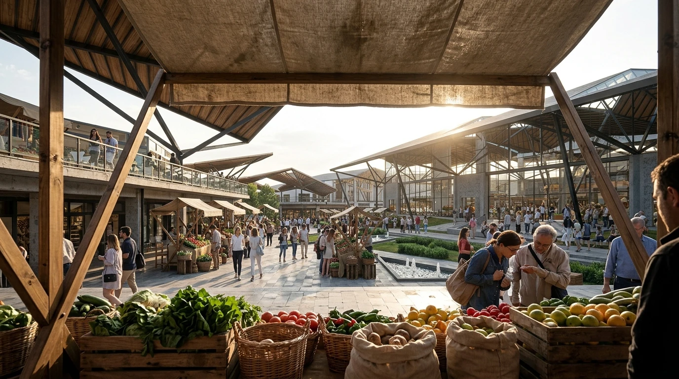 Vendor stall — produce display and plaza beyond