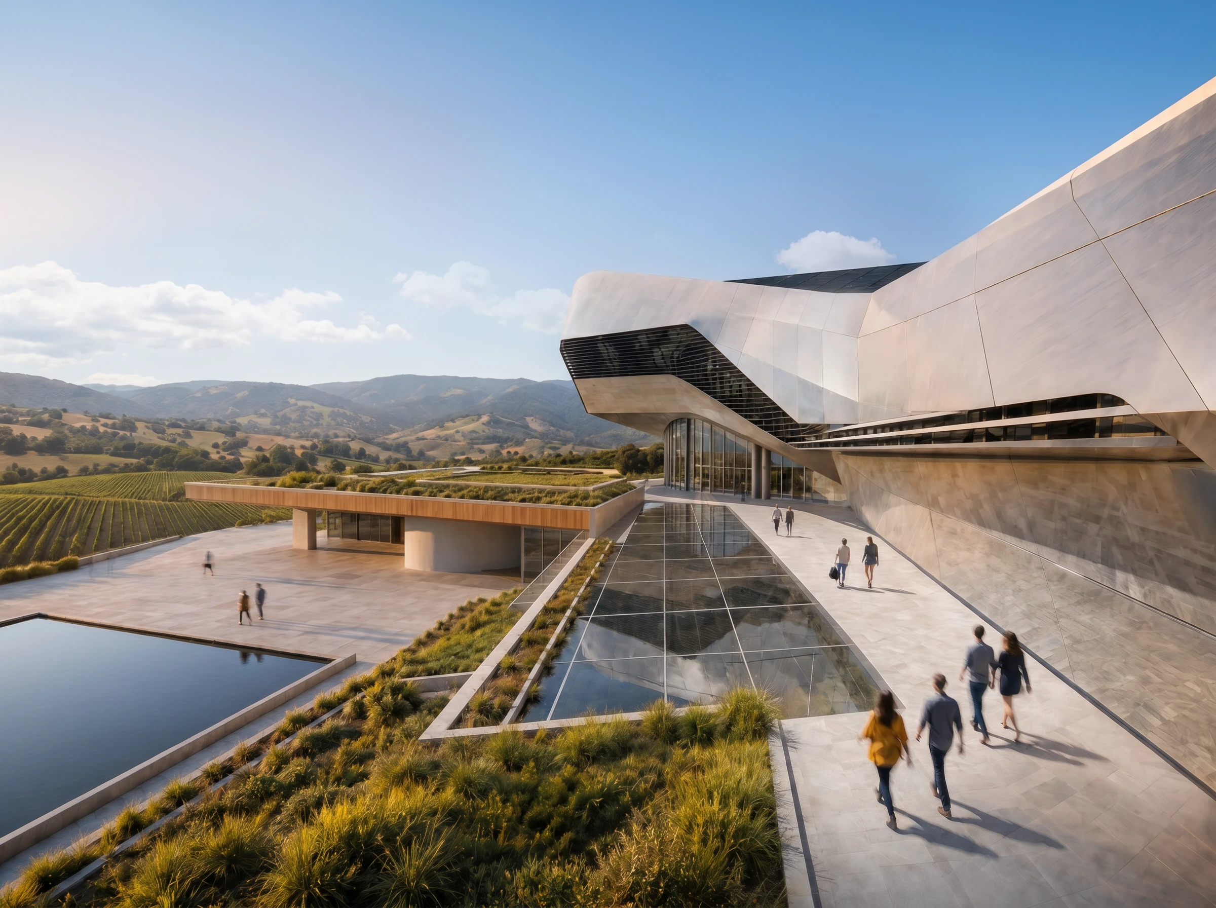 Plaza approach — eye-level view with reflecting pool and green roof