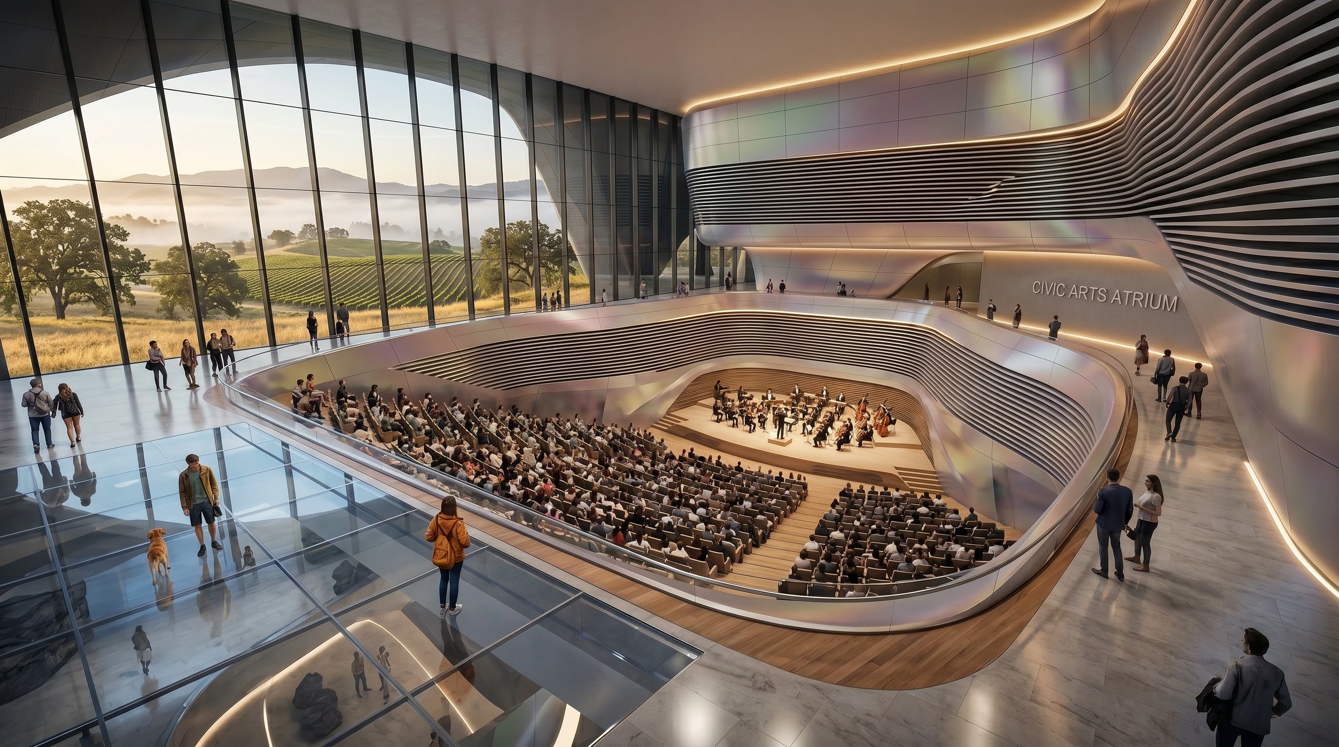 Civic Arts Atrium — performance hall with wine country views