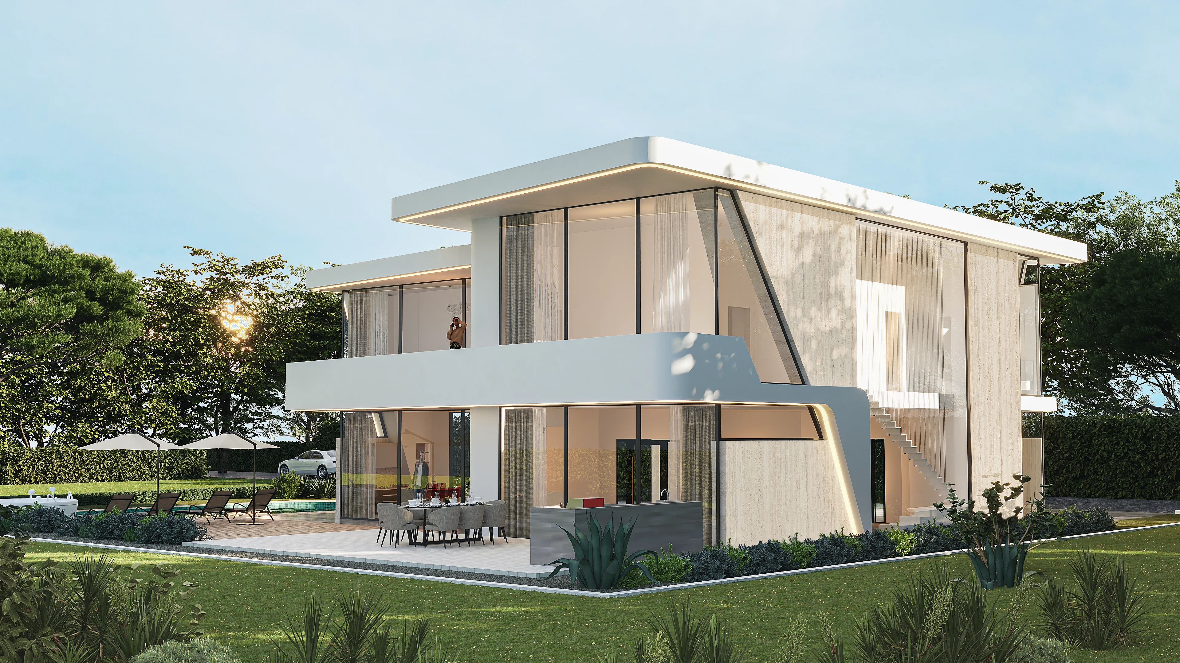 Exterior — glass facade and garden terrace