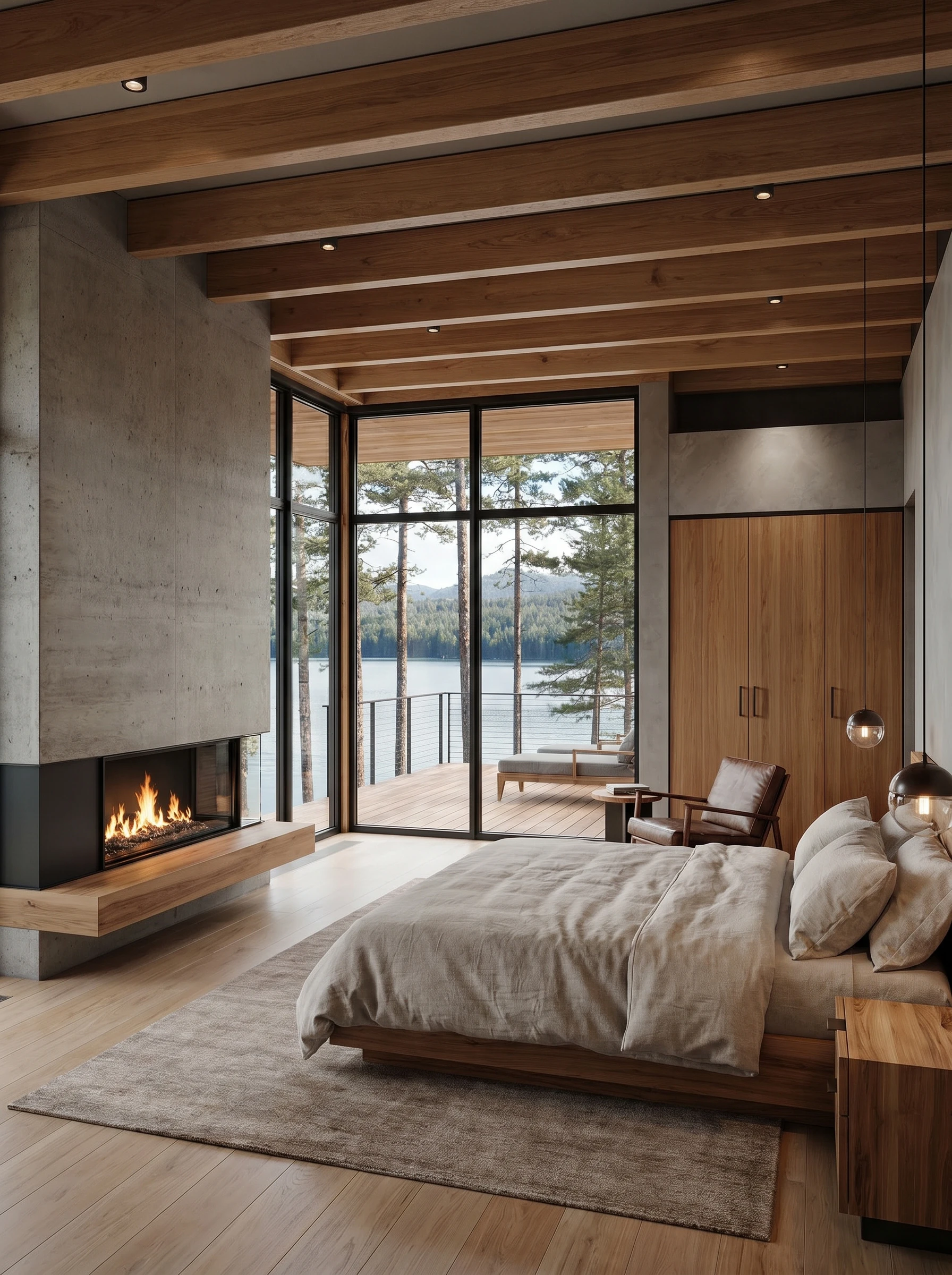 Master bedroom — concrete fireplace and floor-to-ceiling lake views