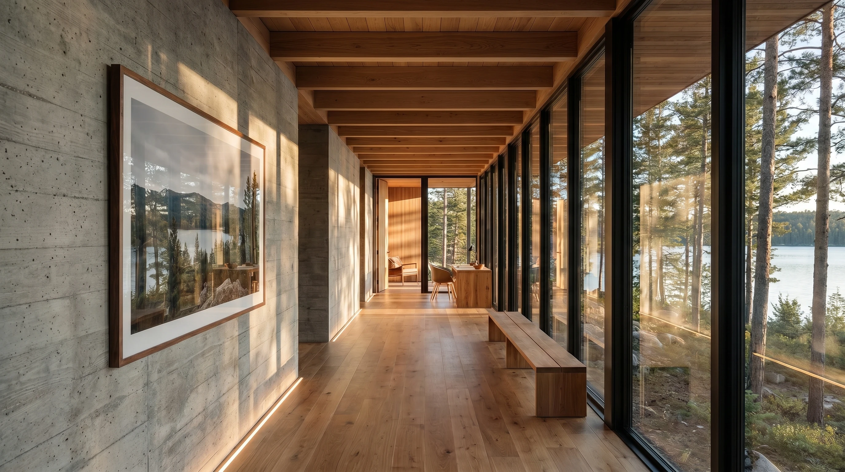 Gallery hallway — full-height glazing along the lakeside facade