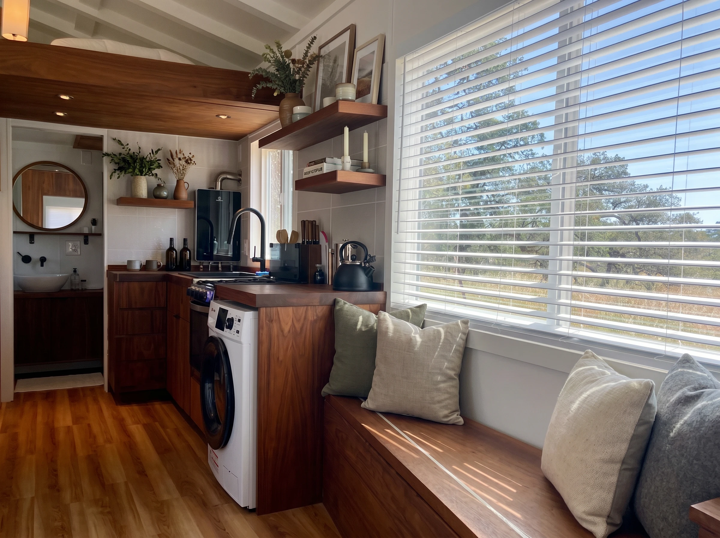 Interior — walnut stair tower, kitchen, and integrated joinery
