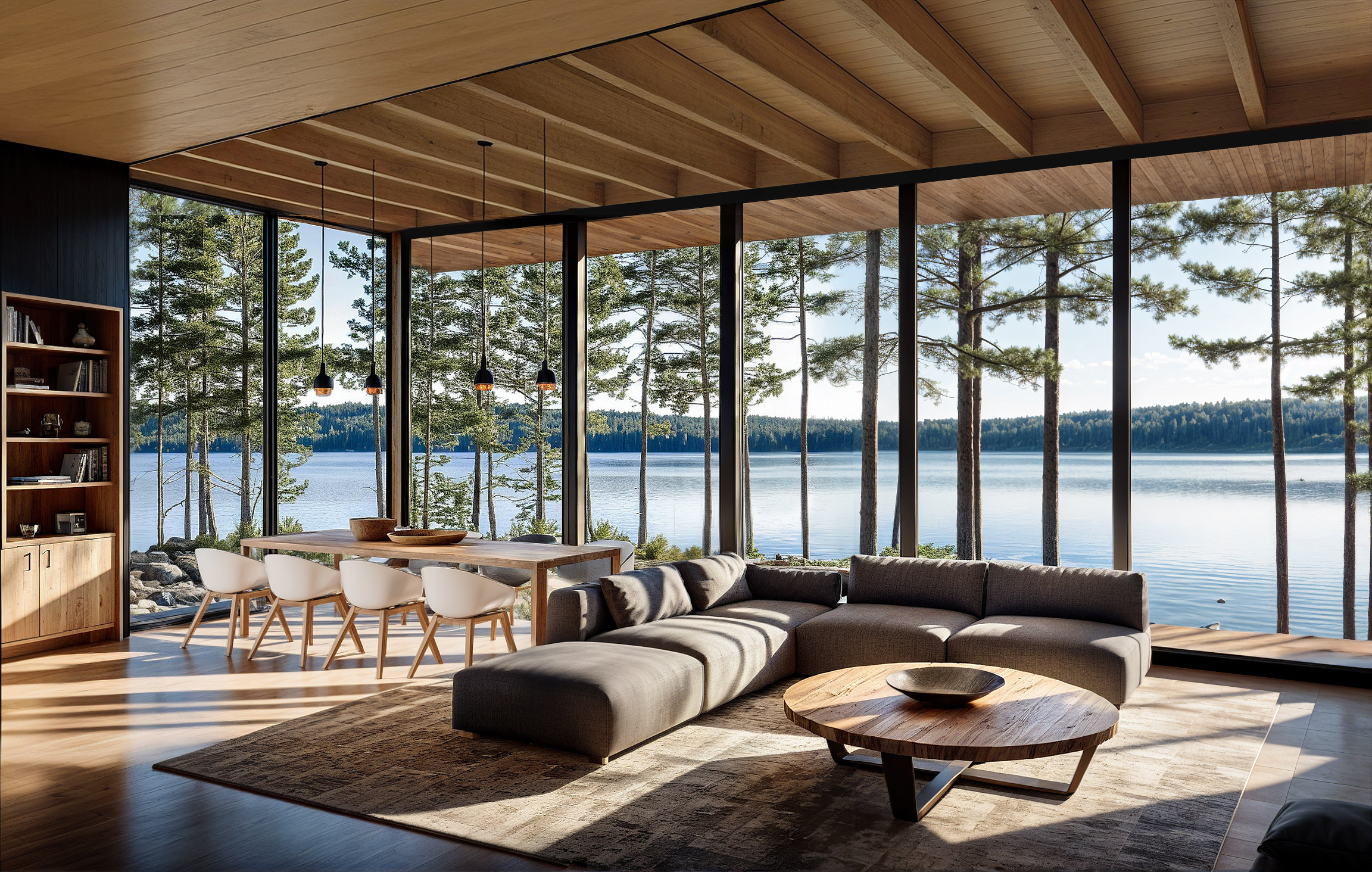 Dining area in a modern cottage with panoramic lake views, wood ceilings, and seamless indoor-outdoor relationship.