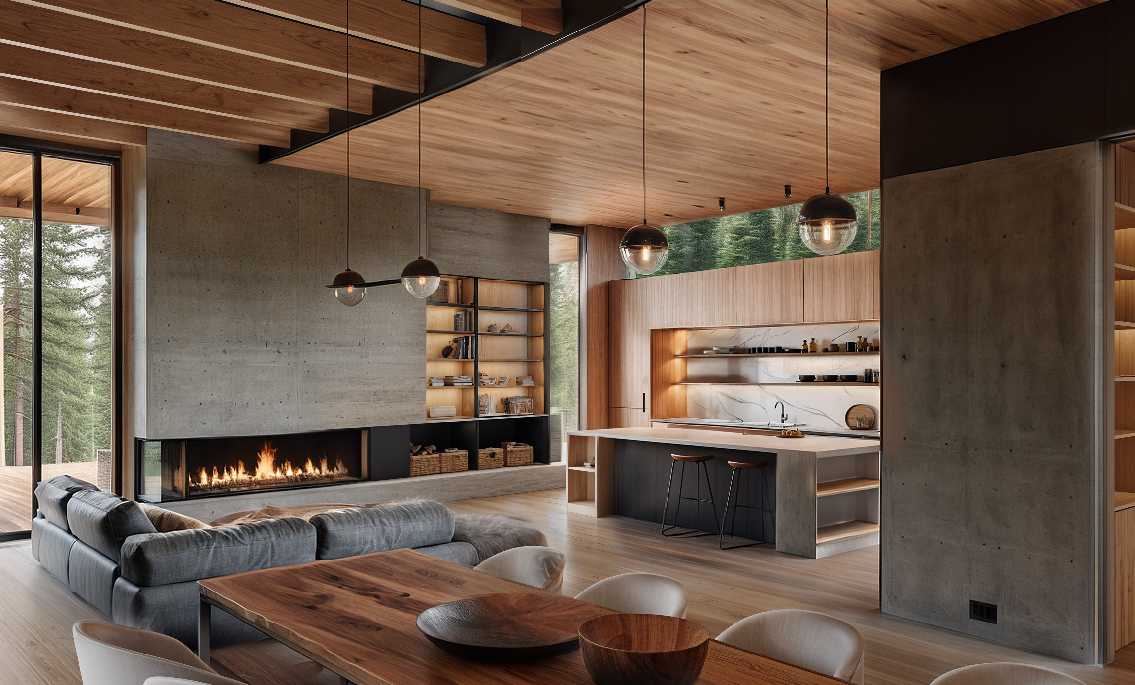 Contemporary cottage interior with open-plan kitchen, dining, and living area featuring wood ceilings, concrete walls, and indoor-outdoor connection.