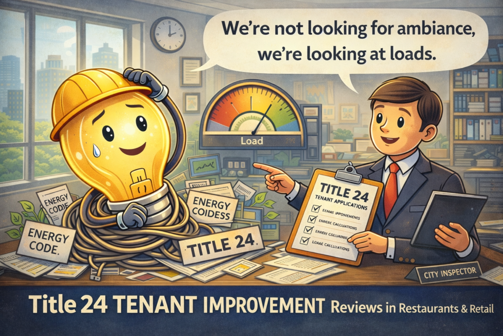 Title 24 tenant improvement review explaining lighting load calculations for a Bay Area restaurant or retail project